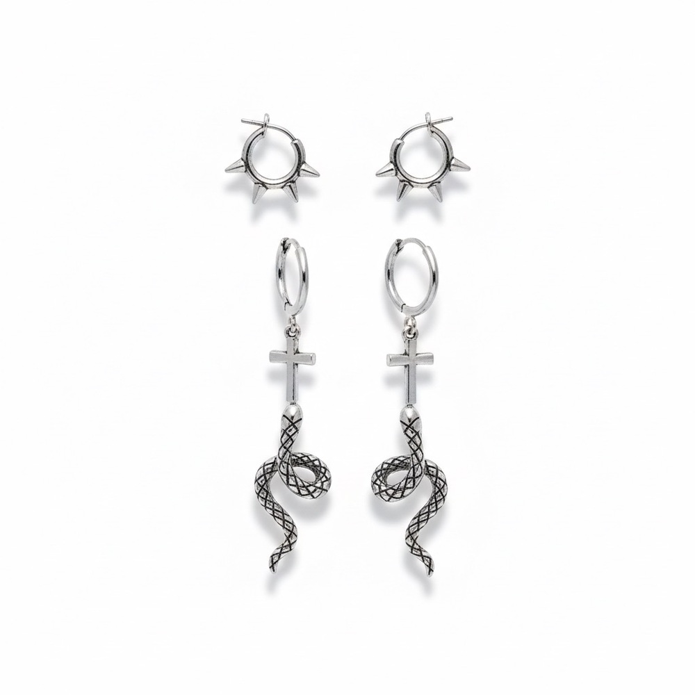 Wild Fable Silver Cross Hoop Wrap Snake Spike Hoop Earring Set